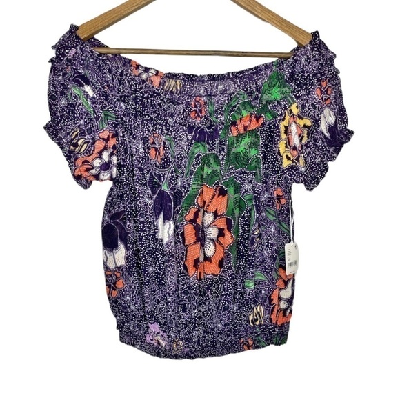 Free People One Suki Smocked Off Shoulder Purple Floral Blouse NWT - Picture 3 of 11